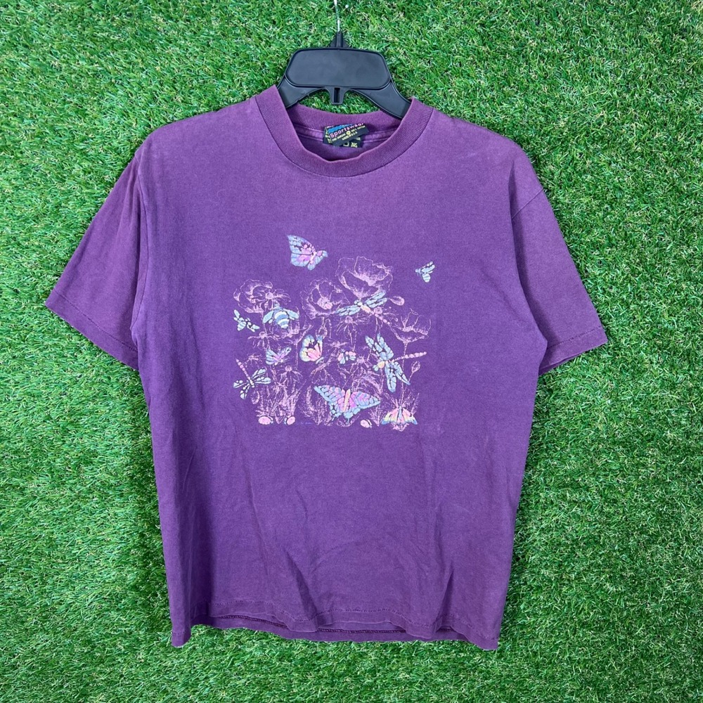 Vintage Robert Allan Sportswear Purple Butterfly Floral Graphic‎ T Shirt 90's